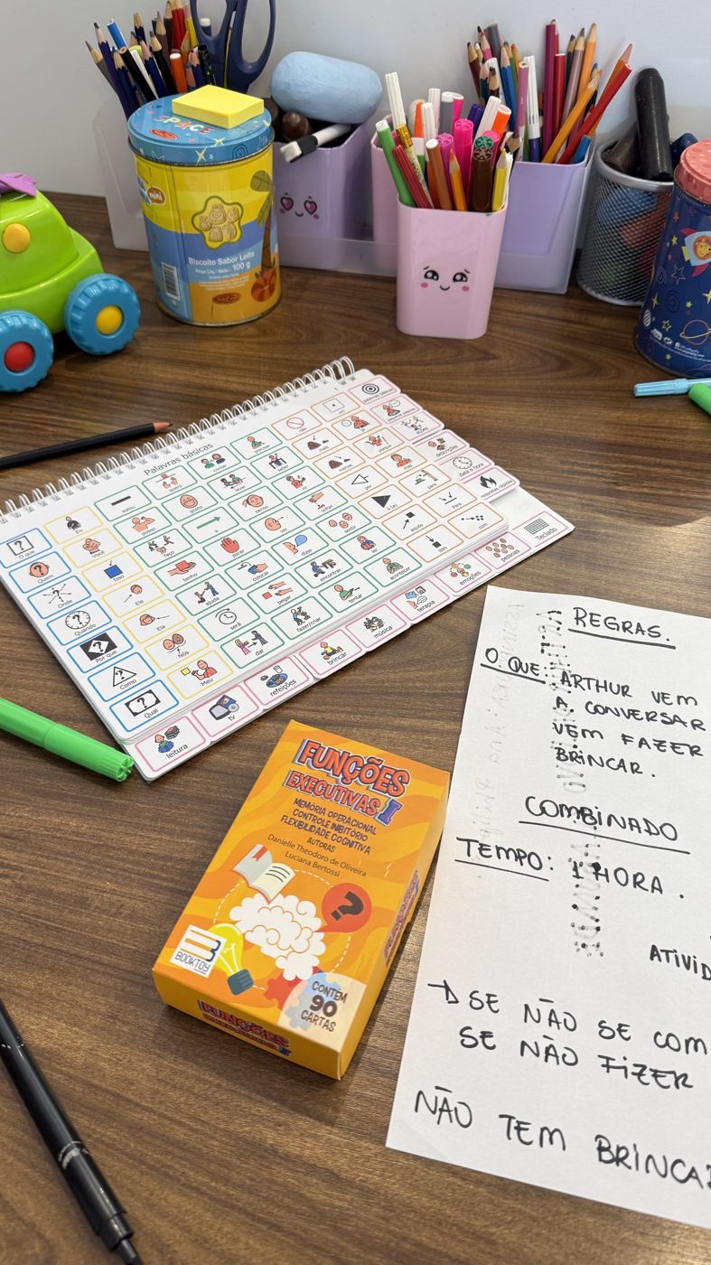 Prancha, combinados escritos à mão e jogo preparados para a sessão