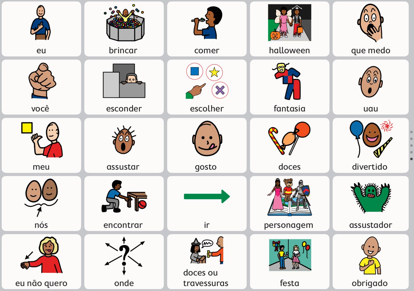 Prancha de comunicação com vocabulário de Halloween